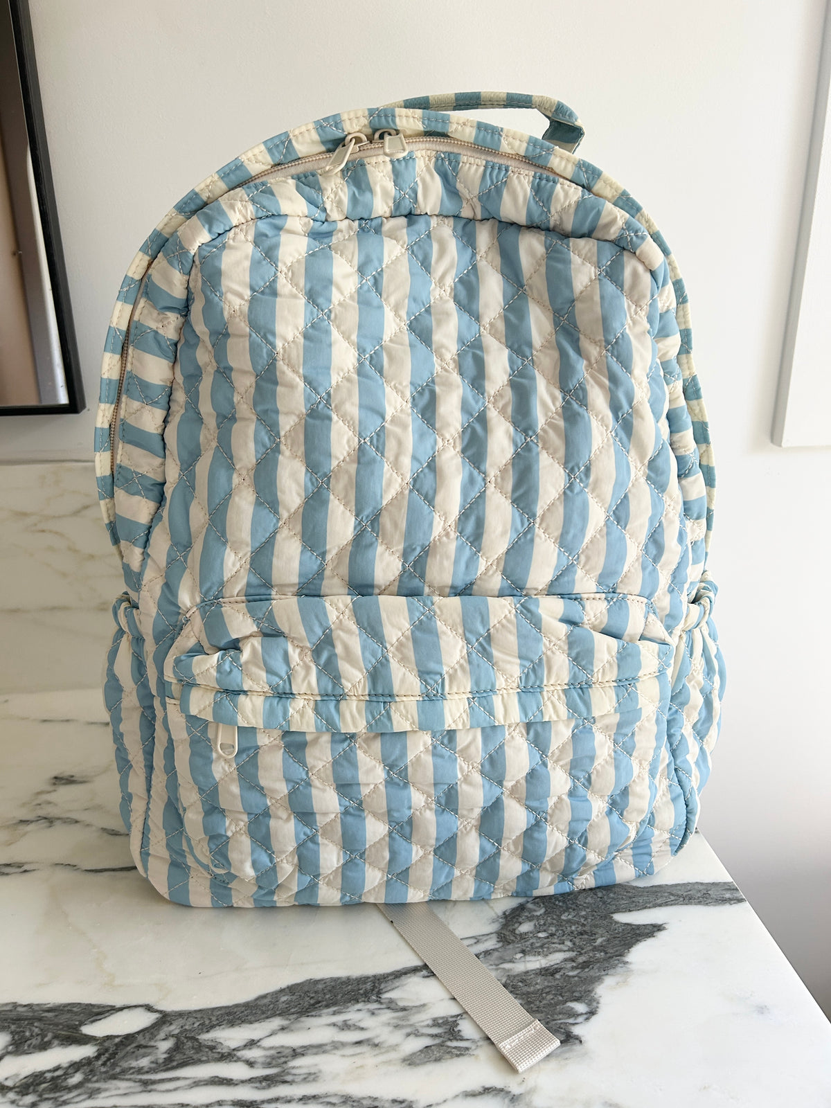 Quilted Backpack – Blue and Cream Stripe (Sample)