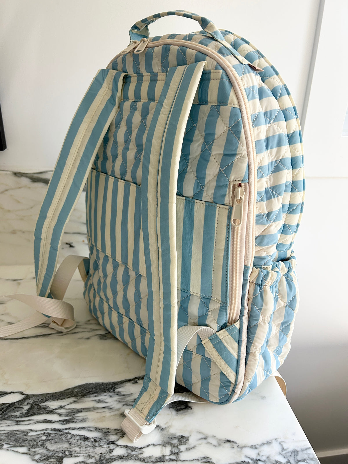Quilted Backpack – Blue and Cream Stripe (Sample)