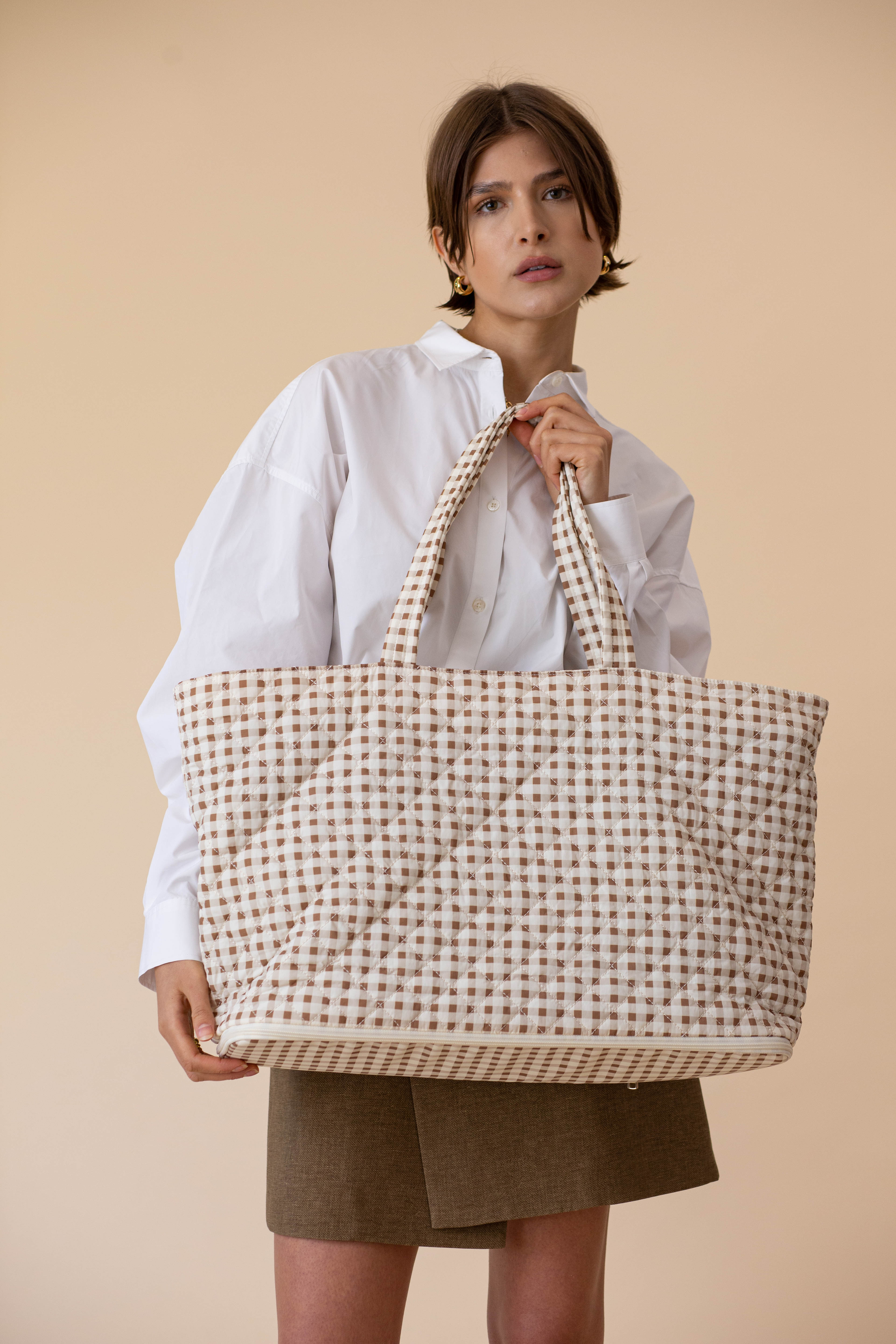 Quilted Expandable Tote – Gingham Print