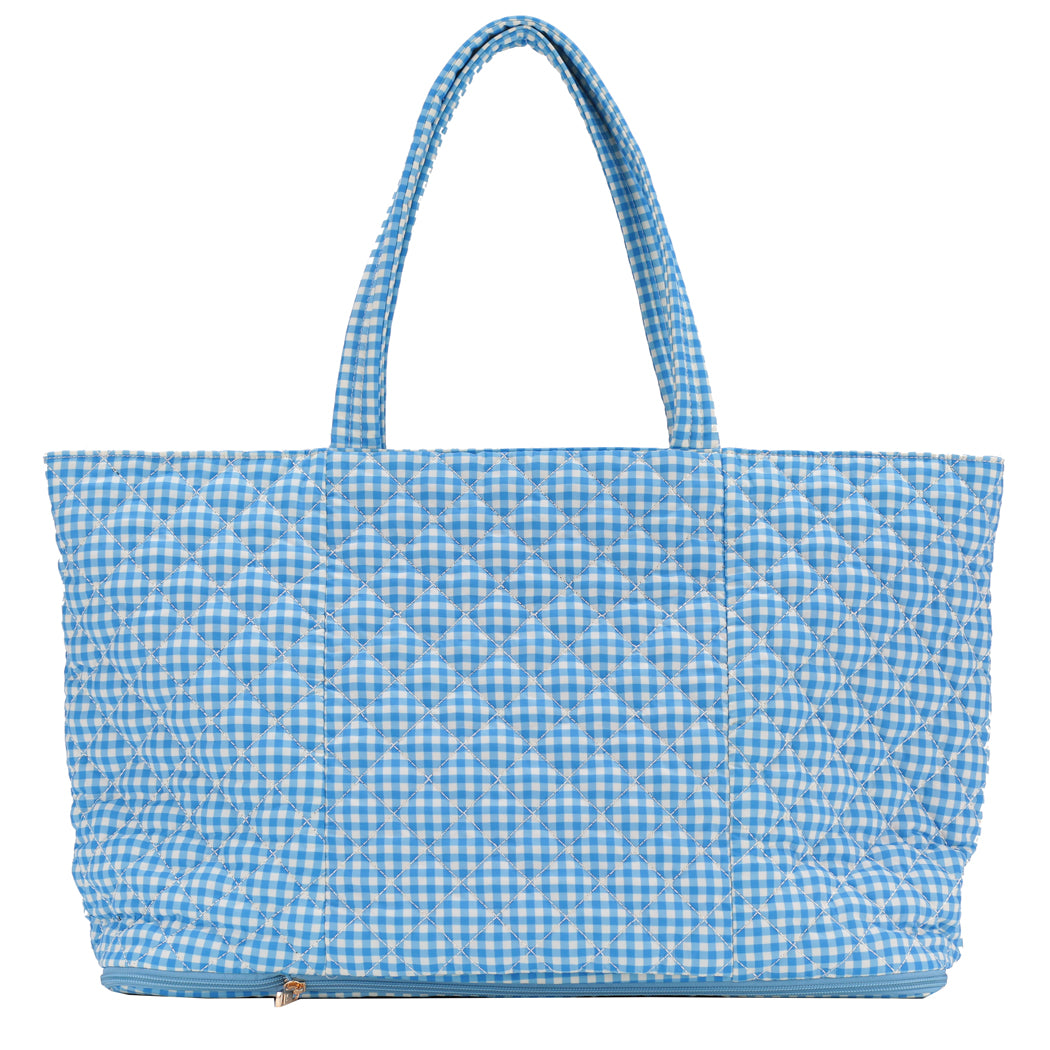 Quilted Expandable Tote – BLUE GINGHAM PRINT