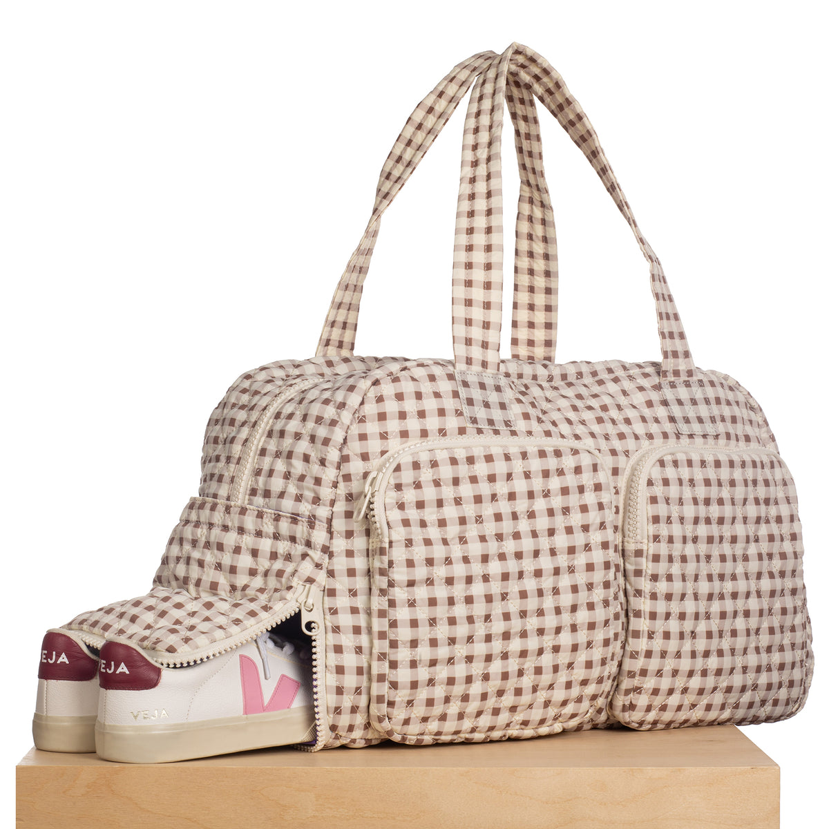 Front Pocket Duffle –  Taupe/Cream Gingham (Sample)