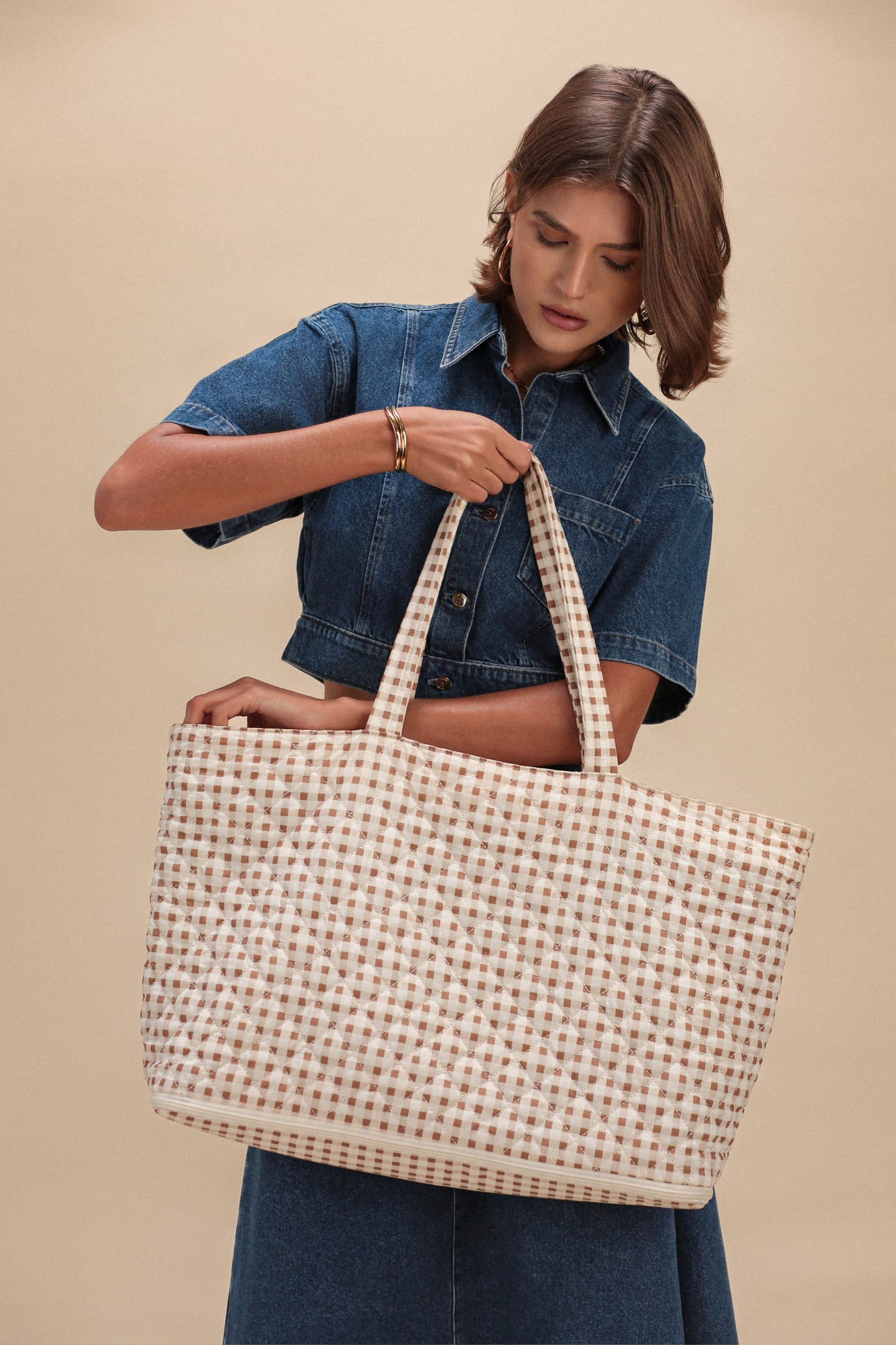 Quilted Expandable Tote –  Gingham Print