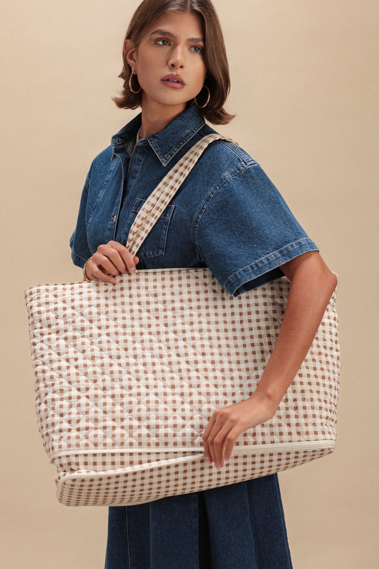 Quilted Expandable Tote –  Gingham Print
