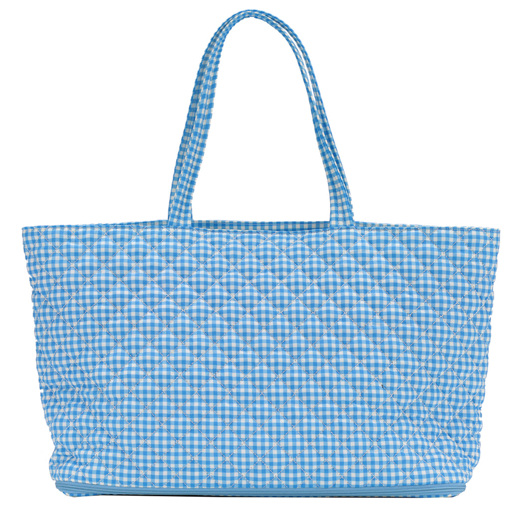 Quilted Expandable Tote –  BLUE  GINGHAM PRINT